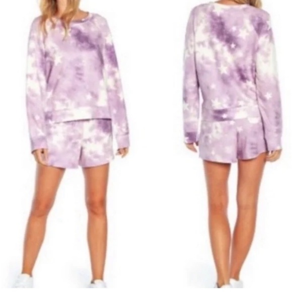 NWT New Purple Tie Dye Stars Pullover Sweatshirt and Shorts Lounge Set Lg - Picture 1 of 10